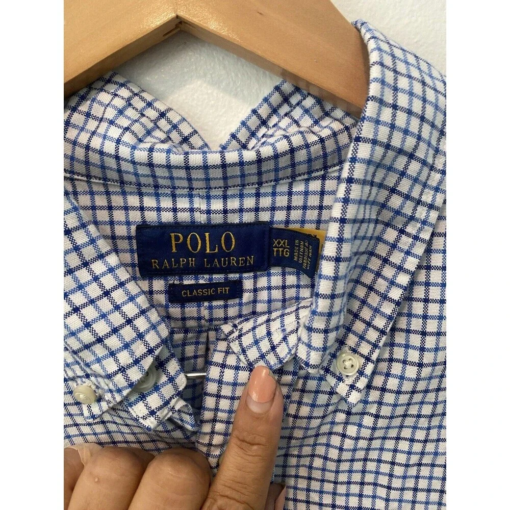 Polo Ralph Lauren Shirt Mens 2XL XXL Blue Oxford Long Sleeve Plaid Check Pony